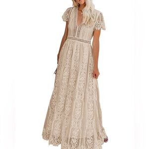 Merokeety, Elegant Cream Lace Maxi Dress, Size L